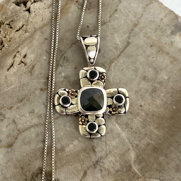 Sterling Silver 925 Black Tourmaline Glass Cross Pendant Necklace 18" Box Chain - Picture 11 of 16